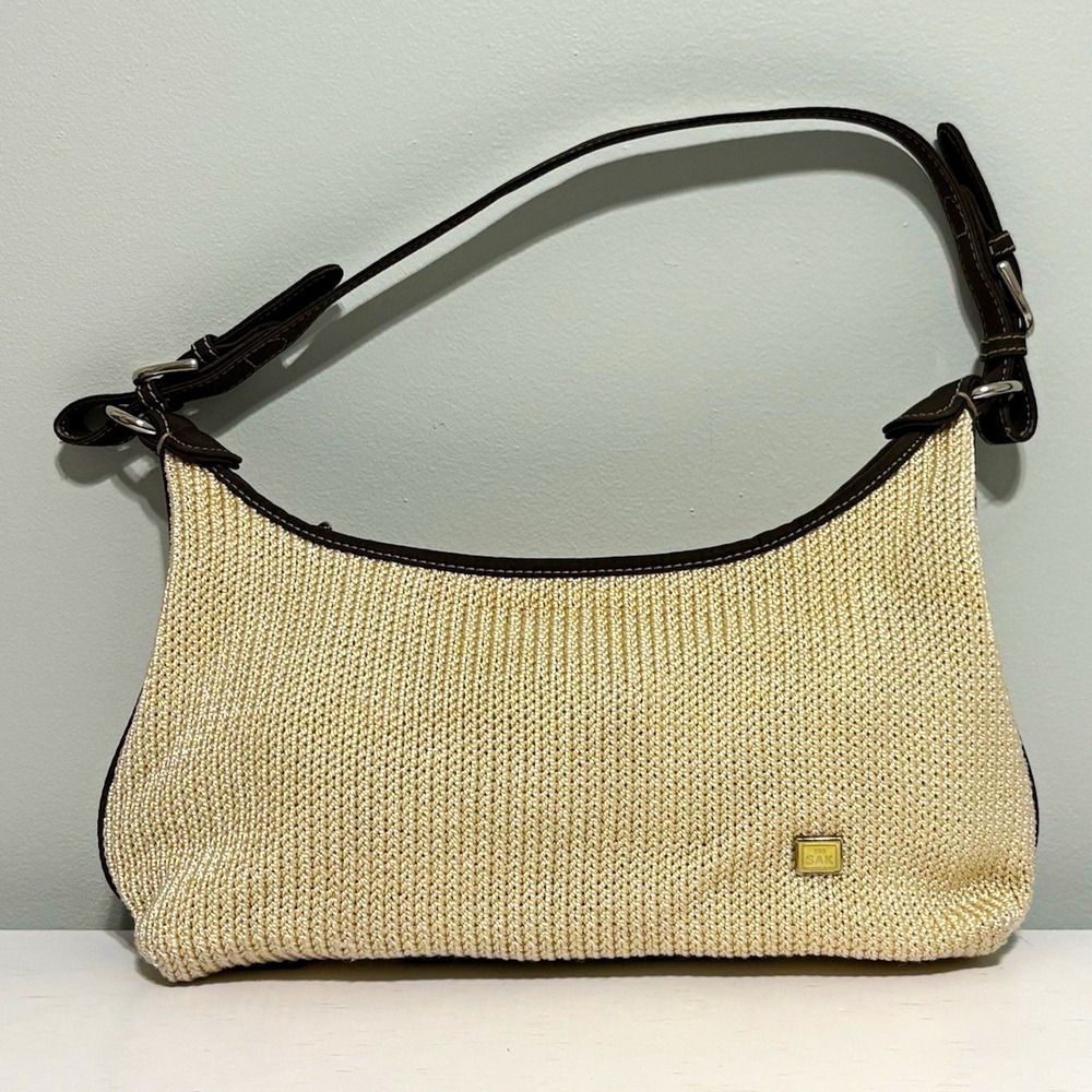 Sak Vintage Beige Crochet Knit Baguette Shoulder Bag  Adjustable Strap